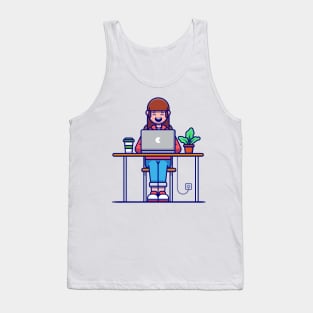 Girl Working on Laptop Cartoon Tank Top